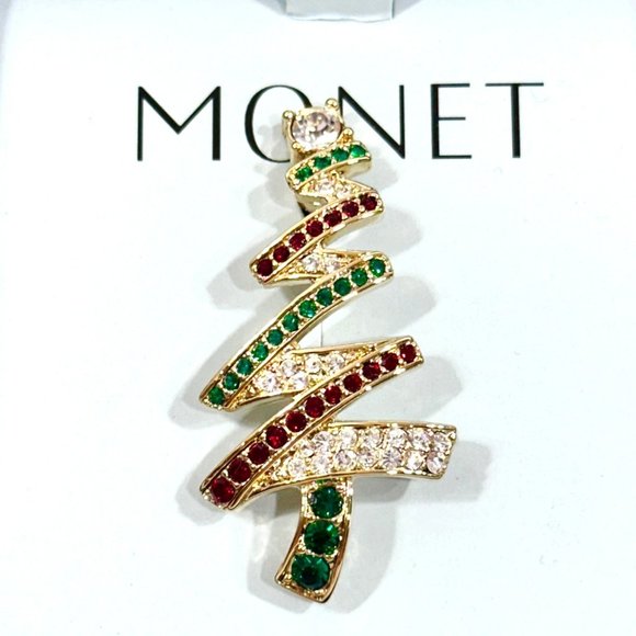 Vintage 1990s Monet Christmas Tree Brooch - NOS with Box - Picture 2 of 5